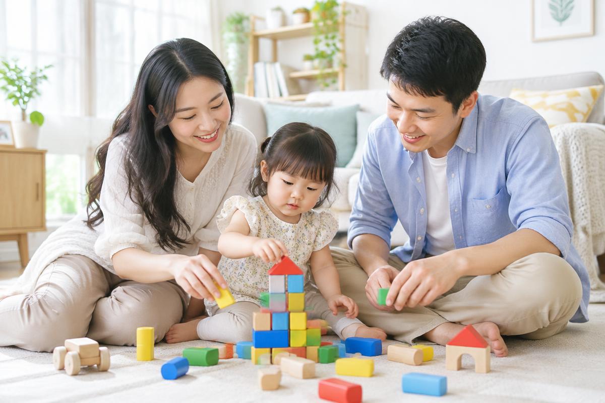 Cha mẹ cùng con chơi xếp khối trong phòng khách